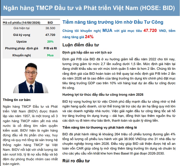 BIDV có thể hưởng lợi lớn từ đầu tư công, kỳ vọng cổ phiếu còn dư địa tăng đến 24%