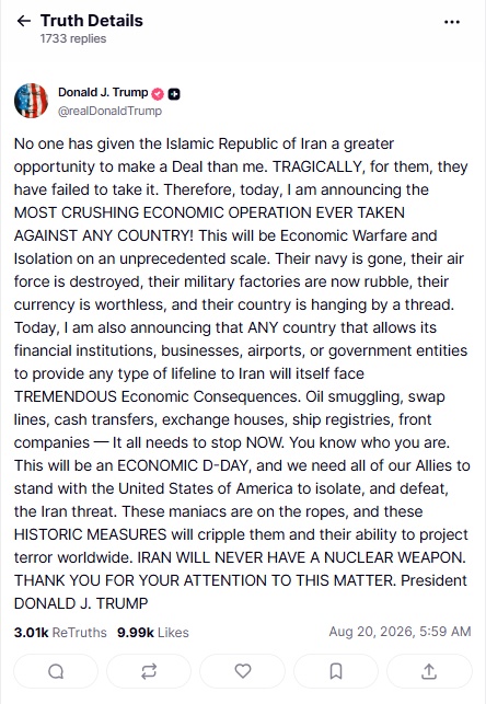 Ông Trump tuyên bố 'chiến tranh kinh tế' với Iran