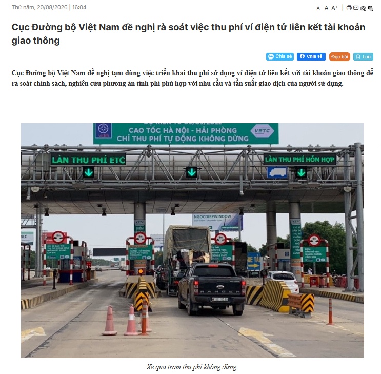 Cục Đường bộ Việt Nam đề nghị rà soát việc thu phí ví điện tử liên kết tài khoản giao thông