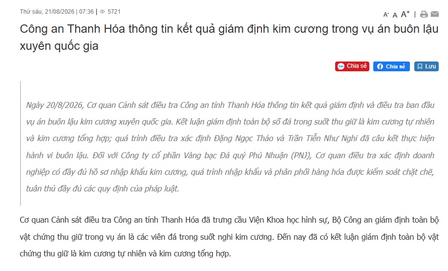 Công an công bố kết luận về PNJ trong vụ buôn lậu kim cương xuyên quốc gia