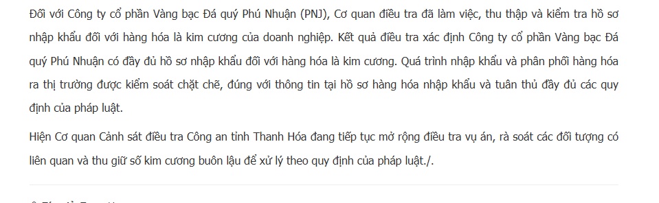 Công an công bố kết luận về PNJ trong vụ buôn lậu kim cương xuyên quốc gia