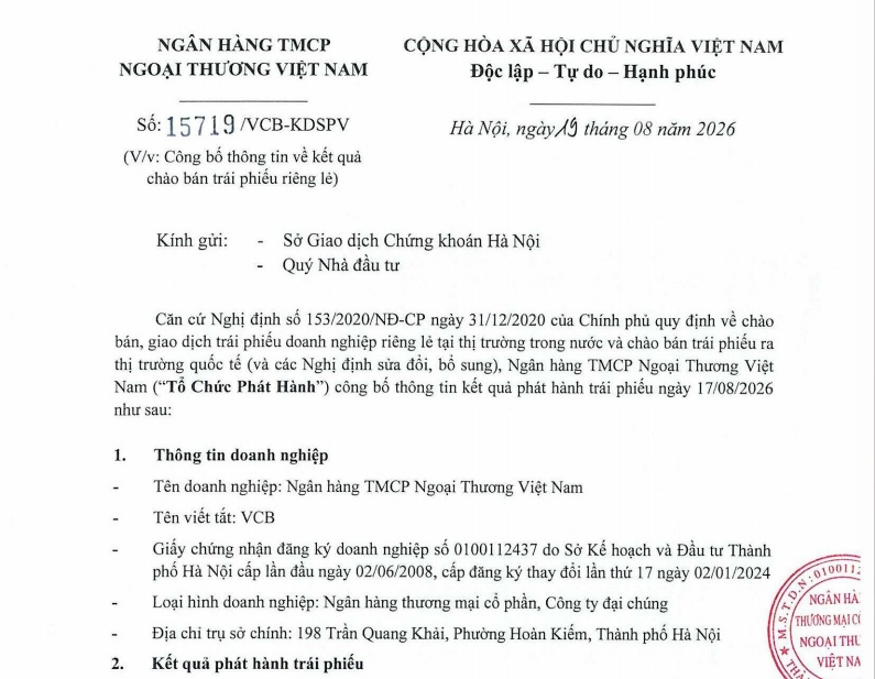 VCB tiếp tục huy động trái phiếu, thu về gần 4.000 tỷ đồng từ đầu năm