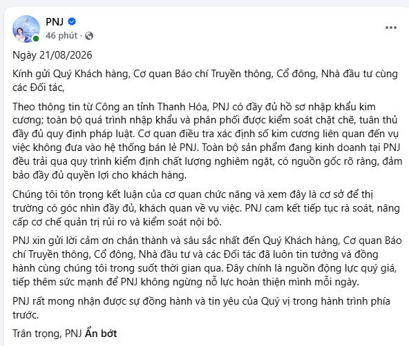 PNJ chính thức lên tiếng sau kết luận của công an về vụ buôn lậu kim cương