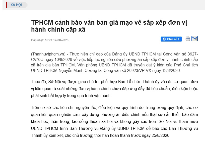 Lan truyền thông tin sáp nhập từ 168 còn 60 xã phường, TP. HCM lên tiếng