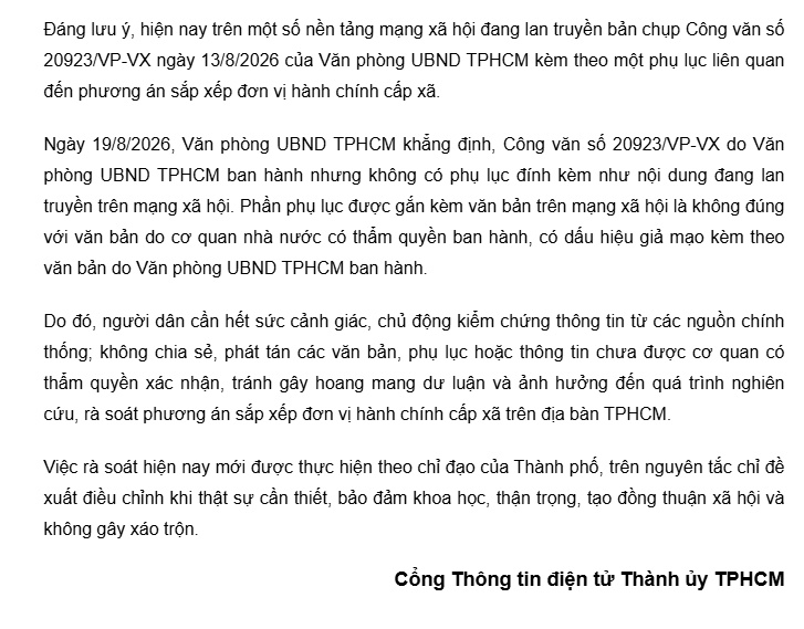 Lan truyền thông tin sáp nhập từ 168 còn 60 xã phường, TP. HCM lên tiếng