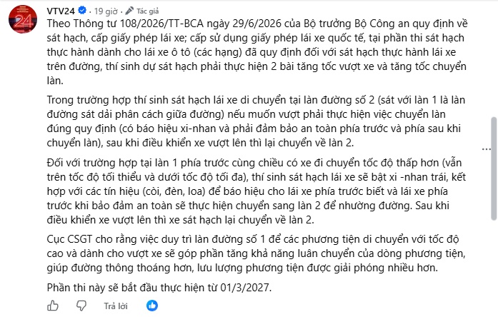 Từ 01/3/2027, thi lấy GPLX ô tô sẽ kiểm tra kỹ năng vượt xe, chuyển làn