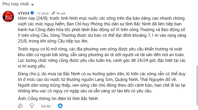 Bắc Ninh tiếp tục phát lệnh hỏa tốc báo động lũ trên sông Thương, sông Cầu
