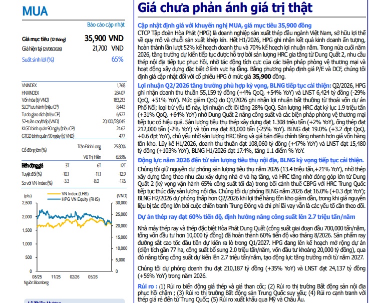 HPG được Shinhan định giá 35.900 đồng, upside 65%: Giá hiện tại đang “rẻ” đến mức nào?