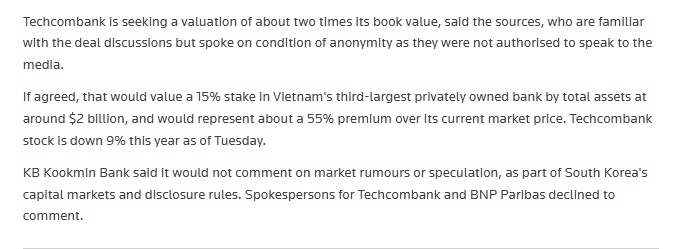 Hai tổ chức ngoại đàm phán mua 15% Techcombank, thương vụ có thể trị giá 2 tỷ USD