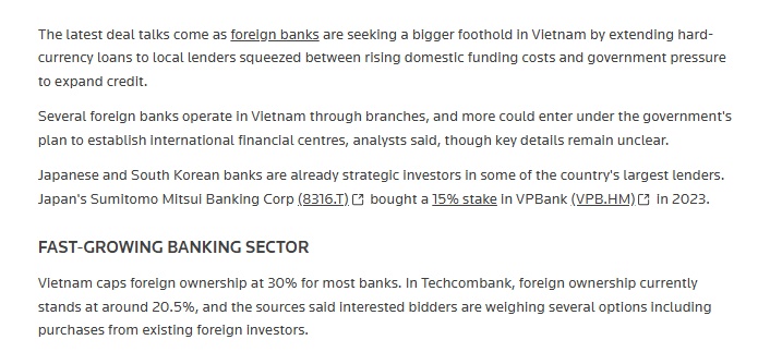 Hai tổ chức ngoại đàm phán mua 15% Techcombank, thương vụ có thể trị giá 2 tỷ USD