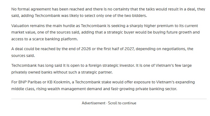 Hai tổ chức ngoại đàm phán mua 15% Techcombank, thương vụ có thể trị giá 2 tỷ USD