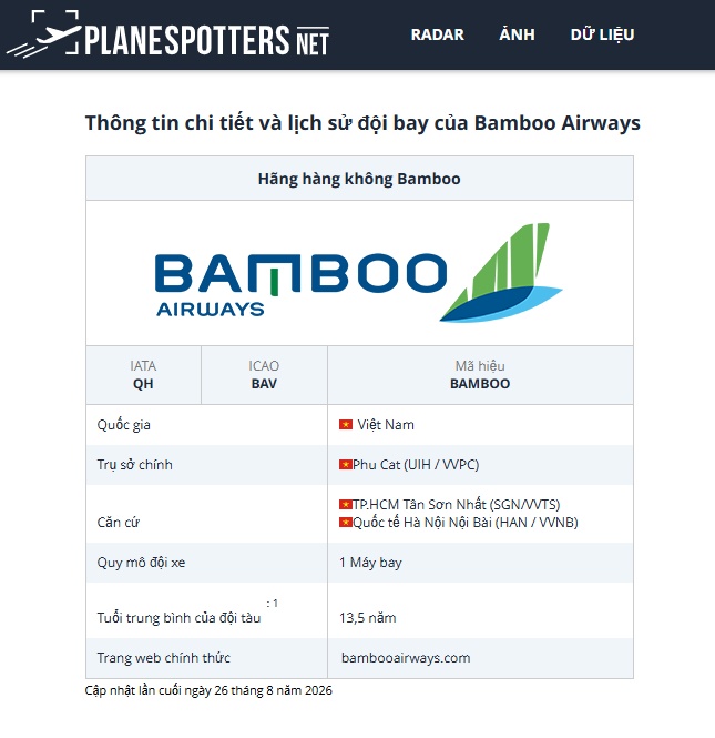 Bamboo Airways chỉ còn đúng 1 tàu bay trong danh sách đội bay