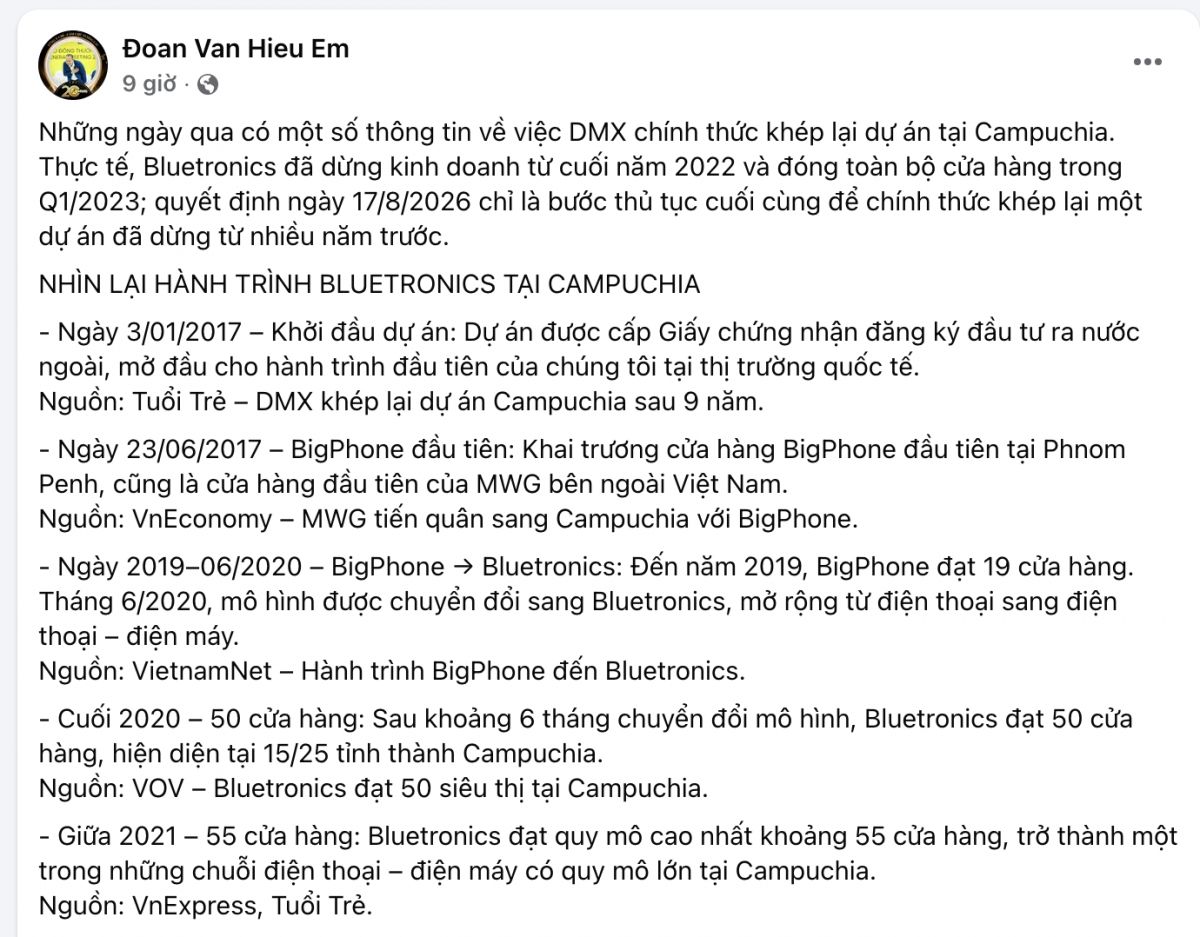 Ông Đoàn Văn Hiểu Em lên tiếng sau thông tin Điện Máy Xanh rời Campuchia