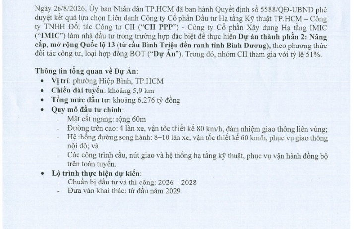 Liên danh CII - CII PPP - IMIC là NĐT dự án Quốc lộ 13