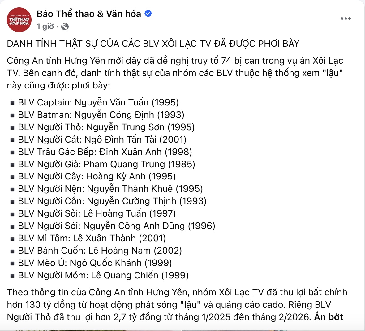 Dàn BLV Xôi Lạc TV lộ danh tính thật, hé lộ đường dây phát sóng “lậu” thu hơn 130 tỷ đồng