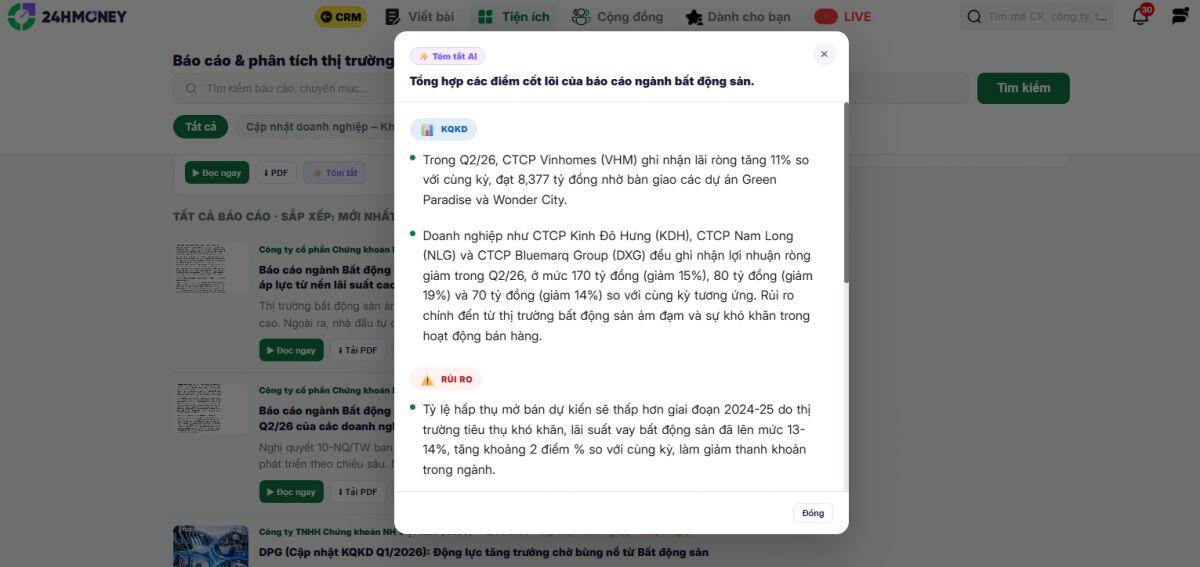 24HMoney ra mắt kho 500+ báo cáo BĐS: Tra cứu siêu tốc, đọc nhanh nhờ AI
