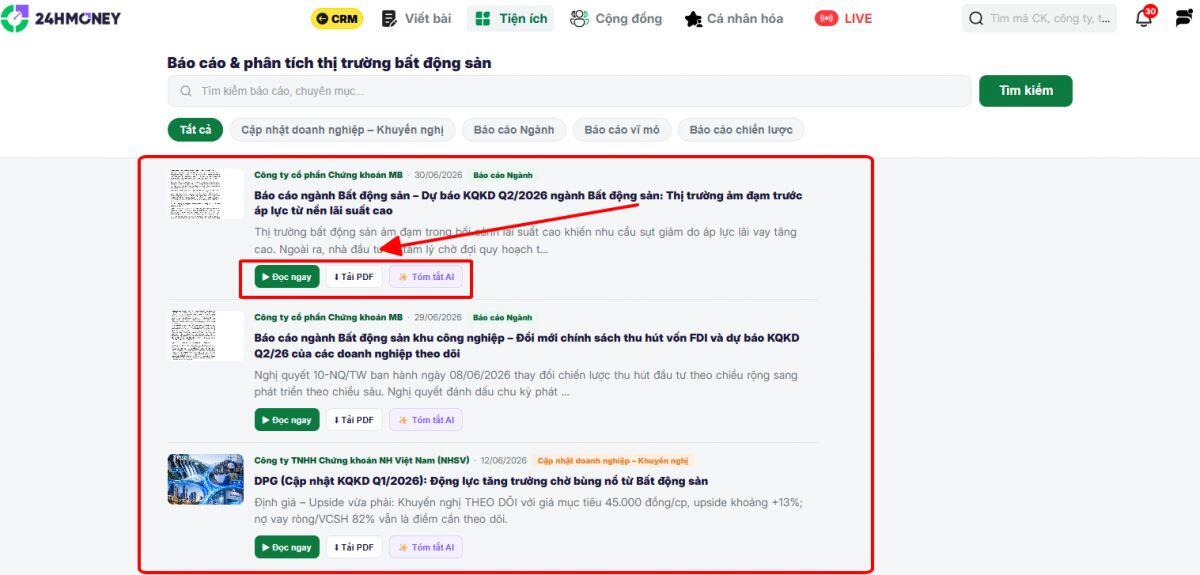 24HMoney ra mắt kho 500+ báo cáo BĐS: Tra cứu siêu tốc, đọc nhanh nhờ AI