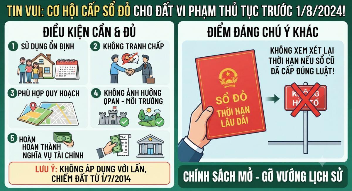Tin vui: Đất có vi phạm thủ tục trước 1/8/2024 có thể xem xét cấp sổ đỏ