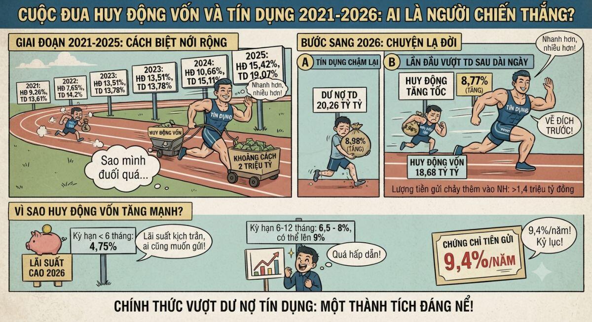 Lần đầu sau nhiều năm: Tiền gửi ngân hàng chính thức “vượt mặt” tín dụng!