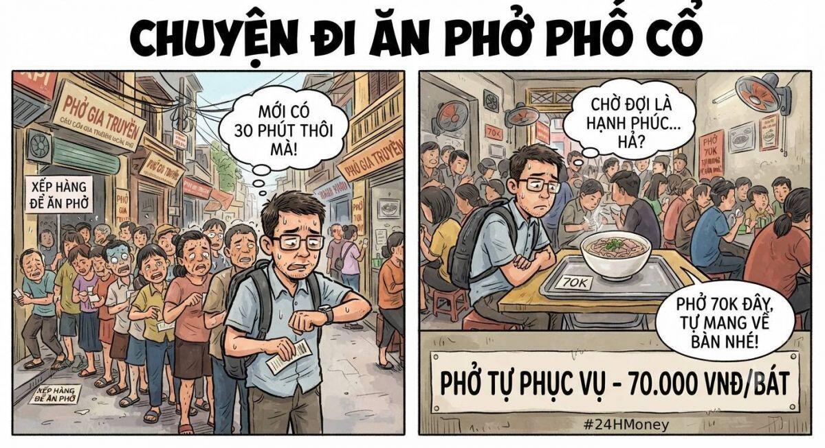 Xếp hàng nửa tiếng để ăn bát phở 70 K tự phục vụ ở phố cổ Hà Nội