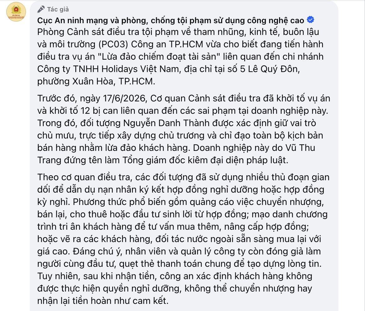 Công an TP.HCM tìm nạn nhân vụ “hợp đồng kỳ nghỉ” của Holidays