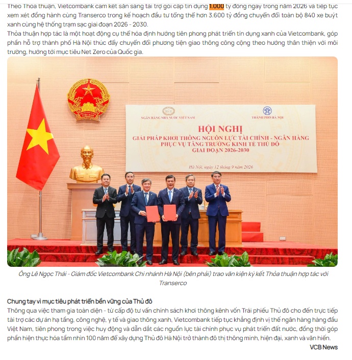 Vietcombank (VCB) cam kết thu xếp 1.000 tỷ đồng cho dự án xe điện