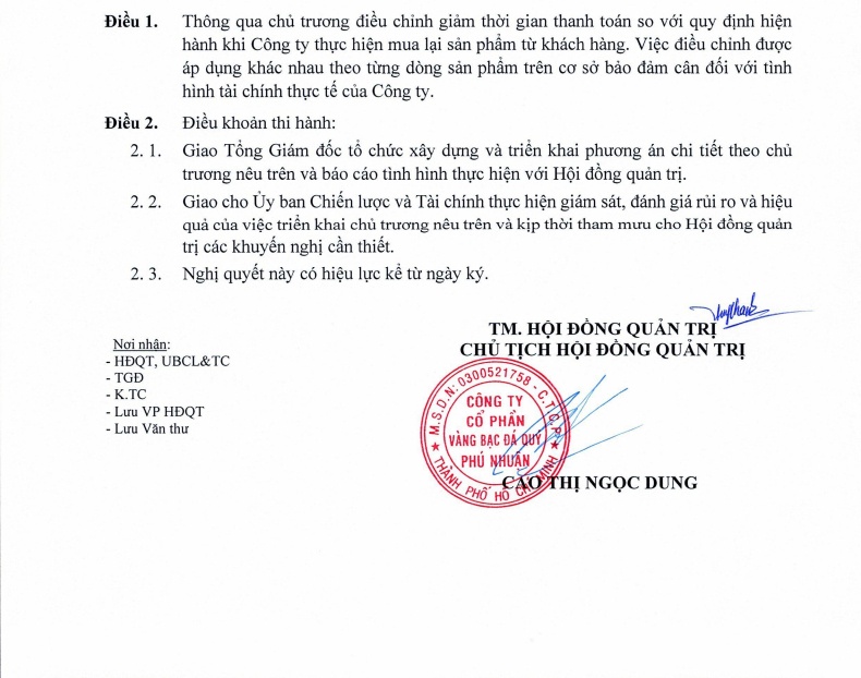 Bà Cao Thị Ngọc Dung ký quyết định mới, PNJ thay đổi thời gian thanh toán cho khách hàng