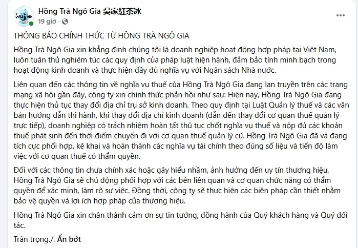 Khoản nợ thuế 20 tỷ đồng của Hồng Trà Ngô Gia: Doanh nghiệp nói gì?