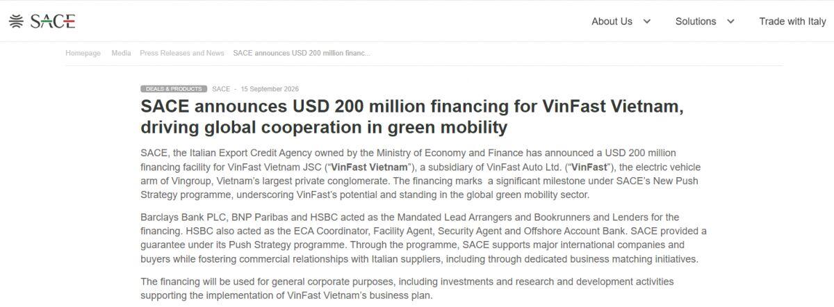 VinFast huy động 200 triệu USD từ 3 ngân hàng quốc tế