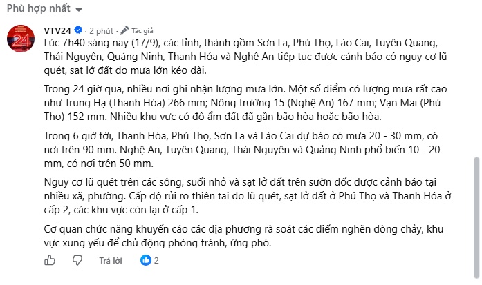 8 tỉnh, thành được cảnh báo có nguy cơ lũ quét, sạt lở đất