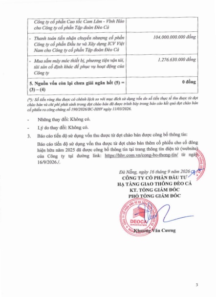 Hơn 497 tỷ đồng từ đợt phát hành cổ phiếu của Đèo Cả đã được giải ngân