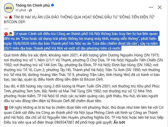 Tìm bị hại vụ “Bitcoin DeFi”