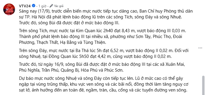Hà Nội phát lệnh báo động lũ trên 4 sông