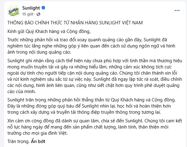 Sunlight Việt Nam xin lỗi sau quảng cáo “liếm món mẹ nấu” gây tranh luận trên MXH