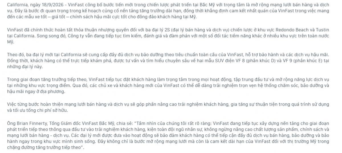 Vinfast mở rộng mạng lưới đại lý, tiếp tục củng cố cam kết dài hạn tại Mỹ