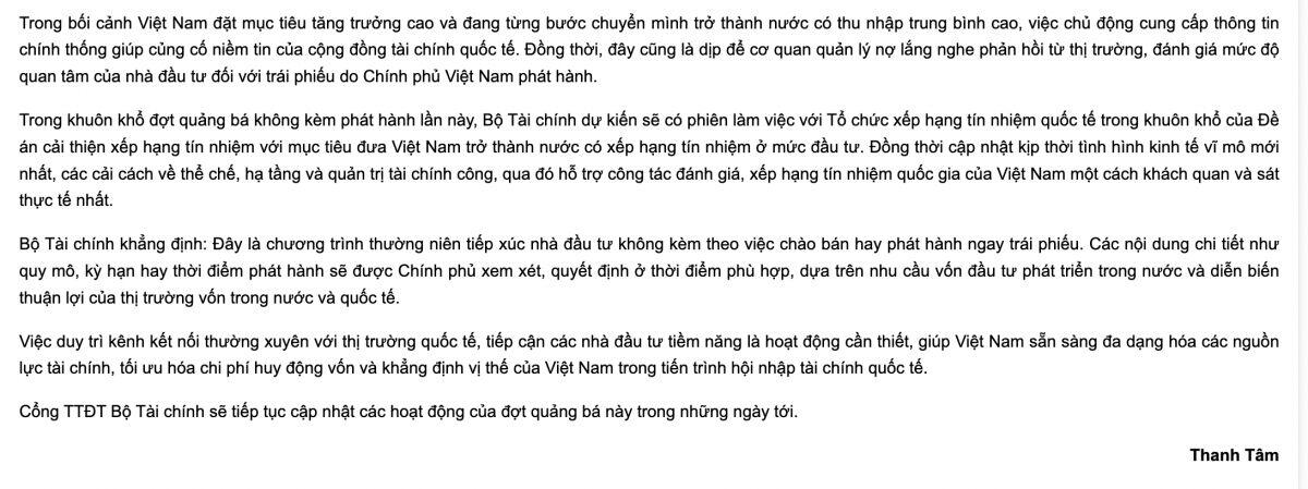 Bộ Tài chính khẳng định Việt Nam chưa phát hành trái phiếu quốc tế