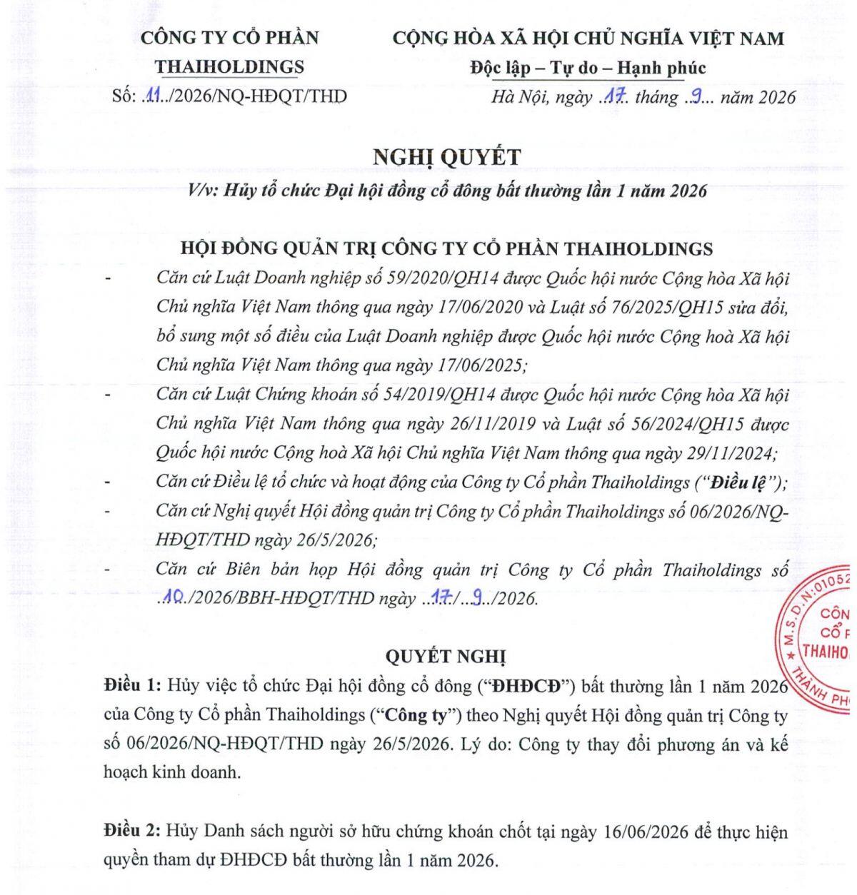 Thaiholdings bất ngờ hủy ĐHĐCĐ bất thường, lý do đến từ thay đổi kế hoạch kinh doanh