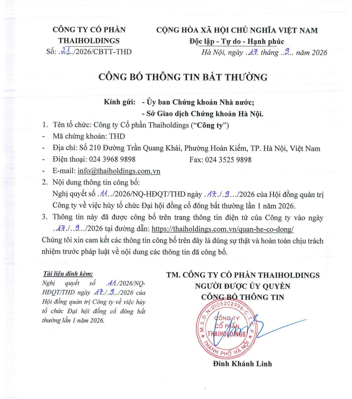 Thaiholdings bất ngờ hủy ĐHĐCĐ bất thường, lý do đến từ thay đổi kế hoạch kinh doanh