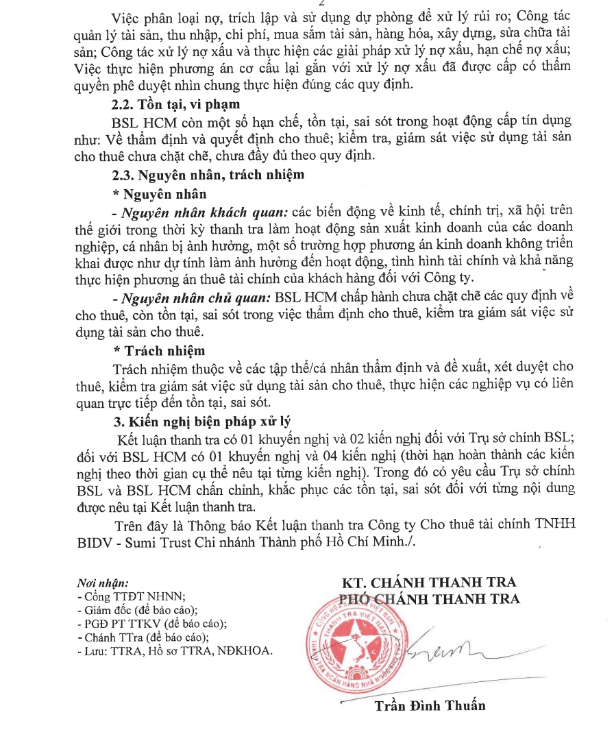 Thanh tra phát hiện sai sót tại công ty cho thuê tài chính có 50% vốn BIDV