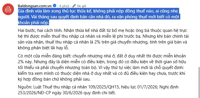 Nhận nhà thừa kế “0 đồng” thuế, bán ra lập tức phát sinh khoản 2%: Vì sao?