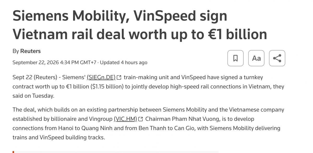 VinSpeed ký “deal” 1 tỷ EUR với Siemens Mobility, cuộc chơi đường sắt tốc độ cao nóng lên