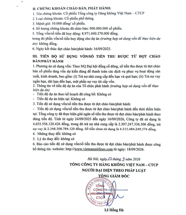 Hơn 4.600 tỷ đồng vốn huy động từ cổ phiếu đã được Vietnam Airlines giải ngân
