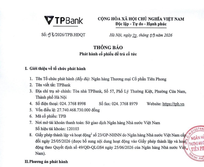 TPBank chốt ngày trả cổ tức tiền mặt và cổ phiếu tỷ lệ 20%