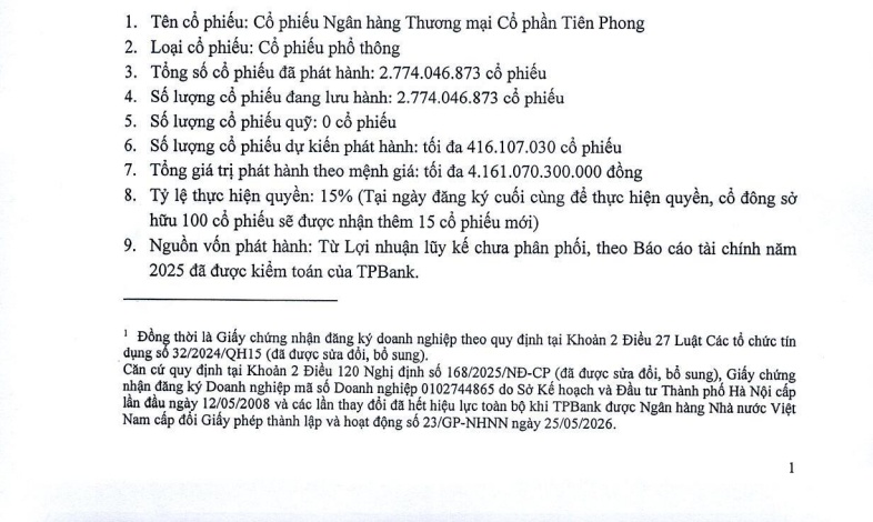TPBank chốt ngày trả cổ tức tiền mặt và cổ phiếu tỷ lệ 20%