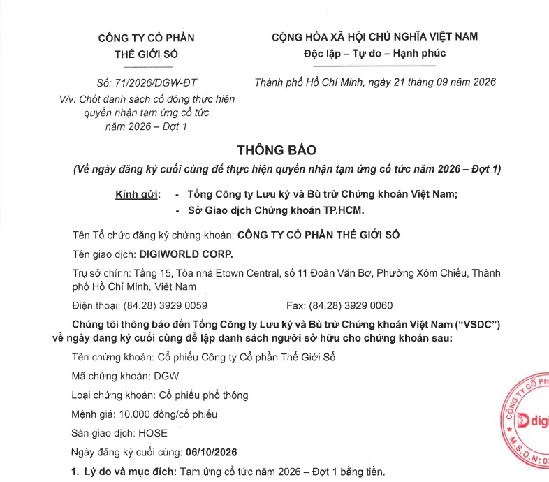 Digiworld dự chi hơn 220 tỷ trả cổ tức cho cổ đông