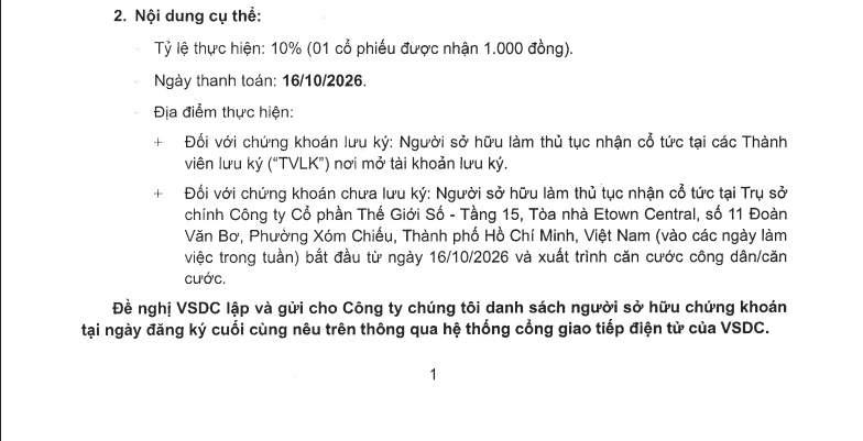 Digiworld dự chi hơn 220 tỷ trả cổ tức cho cổ đông