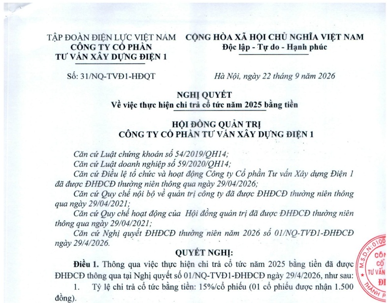 EVN “bỏ túi” hơn 21,6 tỷ đồng cổ tức từ TV1