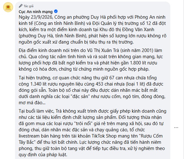 Gần 1.800 lít rượu không rõ nguồn gốc nằm sau gian hàng TikTok Shop này
