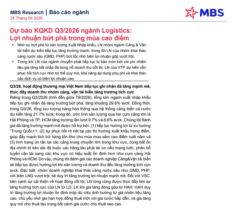 Quý III/2026: 3 doanh nghiệp cảng biển được dự báo “lãi to”