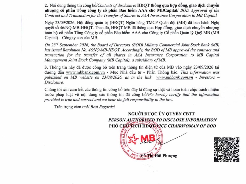 MB chuyển nhượng 100% cổ phần Bảo hiểm AAA cho MB Capital
